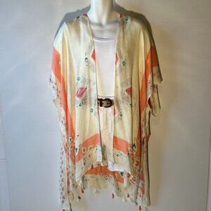 Woven Heart OSFA Gauzy ivory print oversized kimono Boho Chic Cover Up Beach 70s